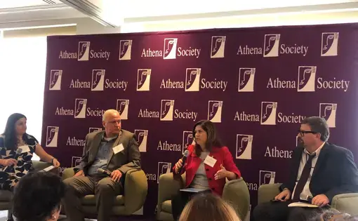 The four panelists engage in a discussion about climate change reporting in Florida. From left to right: Indira Lakshmanan, Mark Katches, Mindy Marqués González, and Bill Varian. Image by Marci Girard-Emerson. United States, 2019.