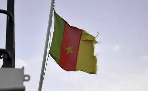 Tattered Cameroonian flag, protruding on pole from a boat's upper deck, whips in the wind