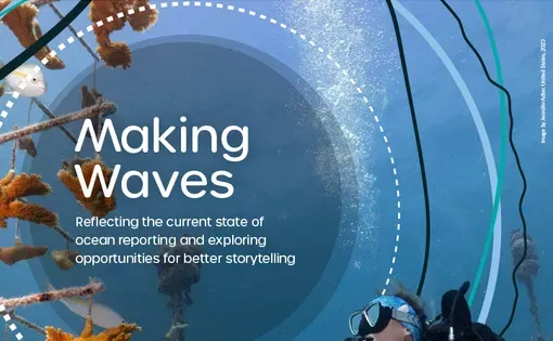 Title page of the pdf report, "Making Waves: Reflecting the current state of ocean reporting and exploring opportunities for better storytelling." The title overlays an image of a scuba diver holding a pen and paper as he examines coral samples hanging on an underwater structure.