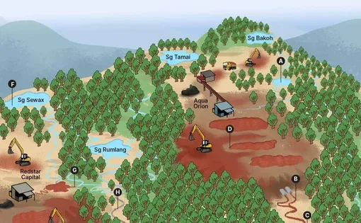 illustrated graphic showing how dangerous mining chemicals pollute rivers in Malay forest