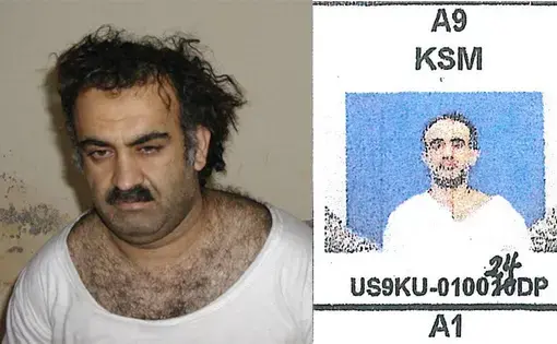 Khalid Sheik Mohammed, at left, in a photo released by the CIA soon after his March 2003 capture in Pakistan. At right, a never-published mug shot soon after his September 2006 transfer to Guantánamo, shows dramatic weight loss during his time in CIA custody. The mug shot, which also shows the arms of two soldiers in camouflage holding him, was taken from a chart of cell assignments at the covert Camp 7 obtained by McClatchy. Courtesy of McClatchy. 2018.