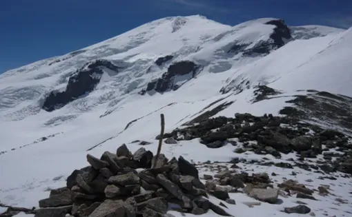 Mount Elbrus, seen from the Balkbashi pass. Image by Tom Parfitt, Russia, June 2008.