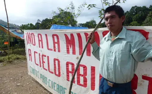A Ngobe activist protests against a Canadian mining company in Nueva Lucha, Panama, where indigenous people see the mining industry as a threat to their way of life. Image by Mellissa Fung. Panama, 2012. Media file: ngobe from nueva lucha at protest-2.jpg