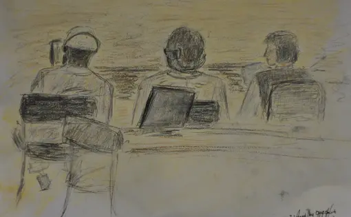 Sketch of: Noor Uthman Mohammed done on Friday, Feb 18, 2011 in courtroom #2, Guantanamo Bay, Cuba, at his sentencing hearing. Noor is flanked by a translator at his right. Far right is Army MAJ Amy Fitzgibbons, Noor's defense attorney. Credit: Army SPEC. Kelly Gary