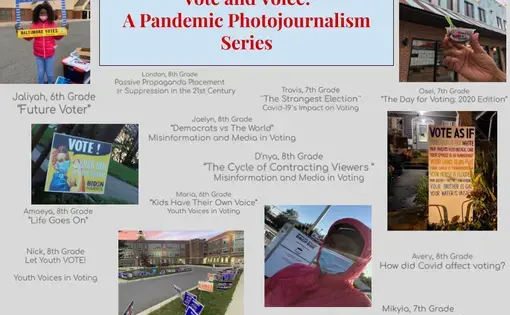 Screenshot from final photojournalism portfolios by students at City Neighbors Charter School in Baltimore, MD, about what the 2020 election looked like in their community. United States, 2020. Media file: photojournalism_cover.png