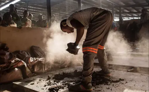 A miner crushes cobalt that will be tested for purity at the Kasulo mine depot. Image by Sebastian Meyer. Democratic Republic of Congo, 2018.