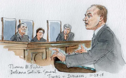 The Solicitor General of Indiana, Thomas Fisher, argues before the United States Supreme Court in the case of Timbs v. Indiana.  Image by Andrew Hamm/SCOTUSblog. United States, 2018.