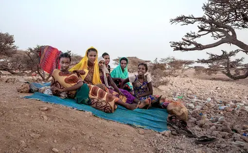 In this July 15, 2019 photo, Ethiopian Tigray teen migrants rest under a tree on the last stop of their journey before leaving by boat to Yemen in the evening, in Obock, Djibouti. An increasing number of the travelers include women and girls, who face rape and torture at the hands of human traffickers. Image by Nariman El-Mofty / AP Photo. Djibouti, 2019.
