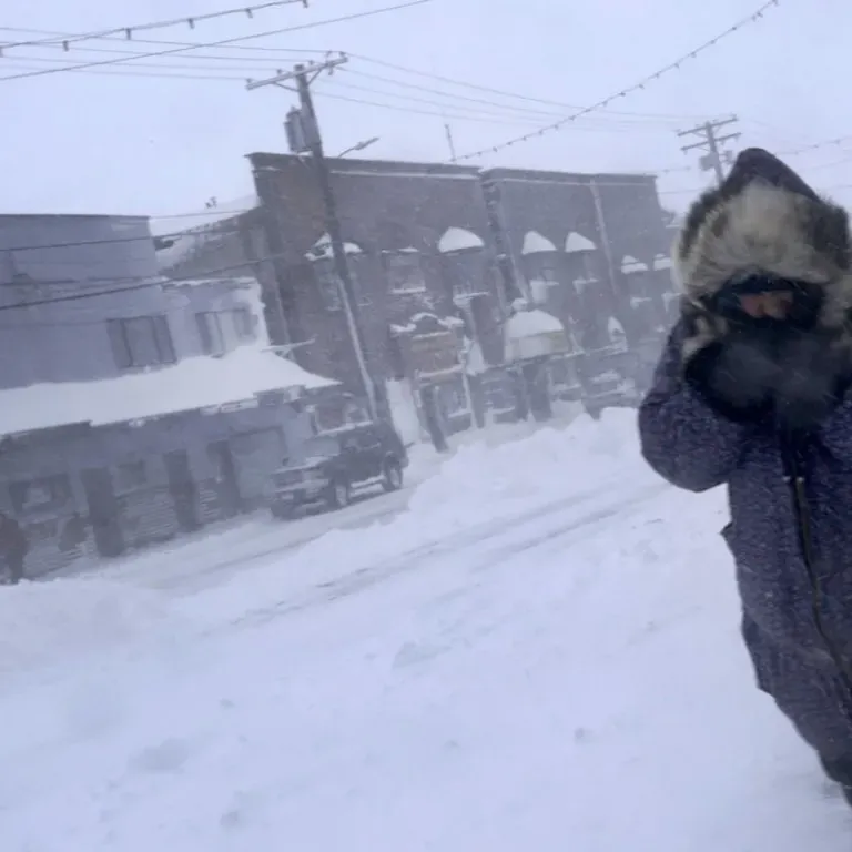 In this Feb. 23, 2019, photo, a woman shields her face from the wind during a snow storm as she walks on Front Street in Nome, Alaska. Image by Wong Maye-E. United States, 2019.