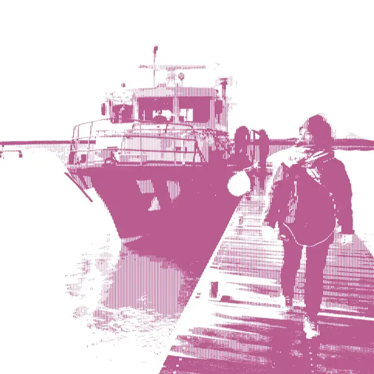a woman walks along a pier looking out over the water with a boat docked behind her