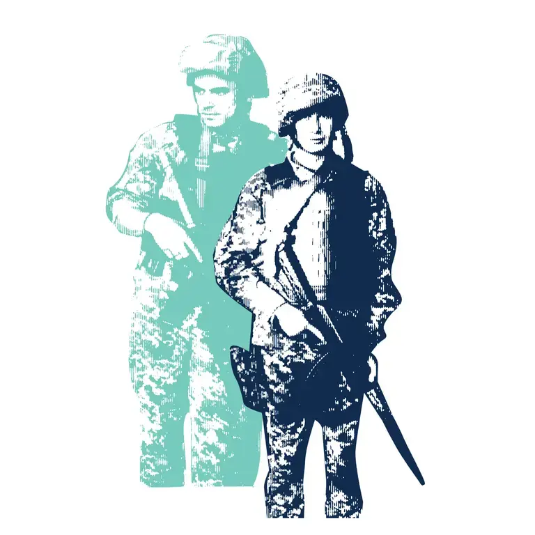 two soldiers stand holding guns and wearing fatigues