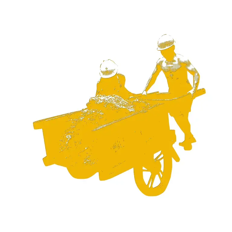 yellow halftone illustration of two construction workers moving a wheelbarrow of dirt