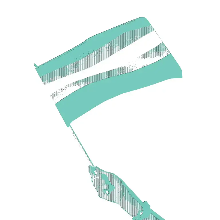teal halftone illustration of a hand holding a pride flag