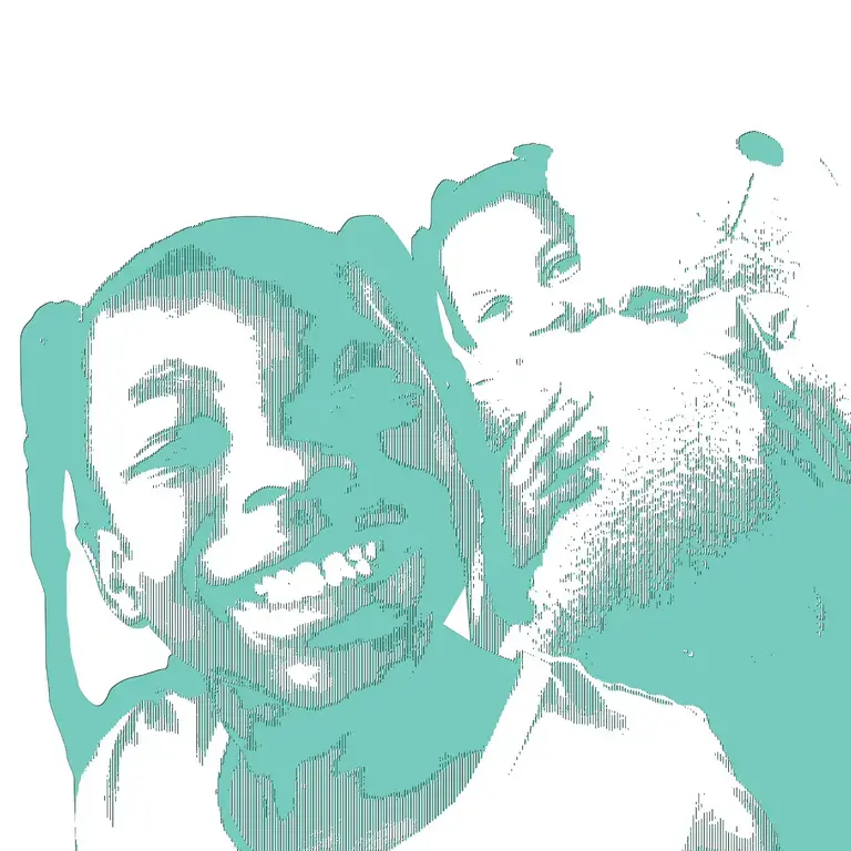 teal halftone illustration of two children, one holding up a teddy bear