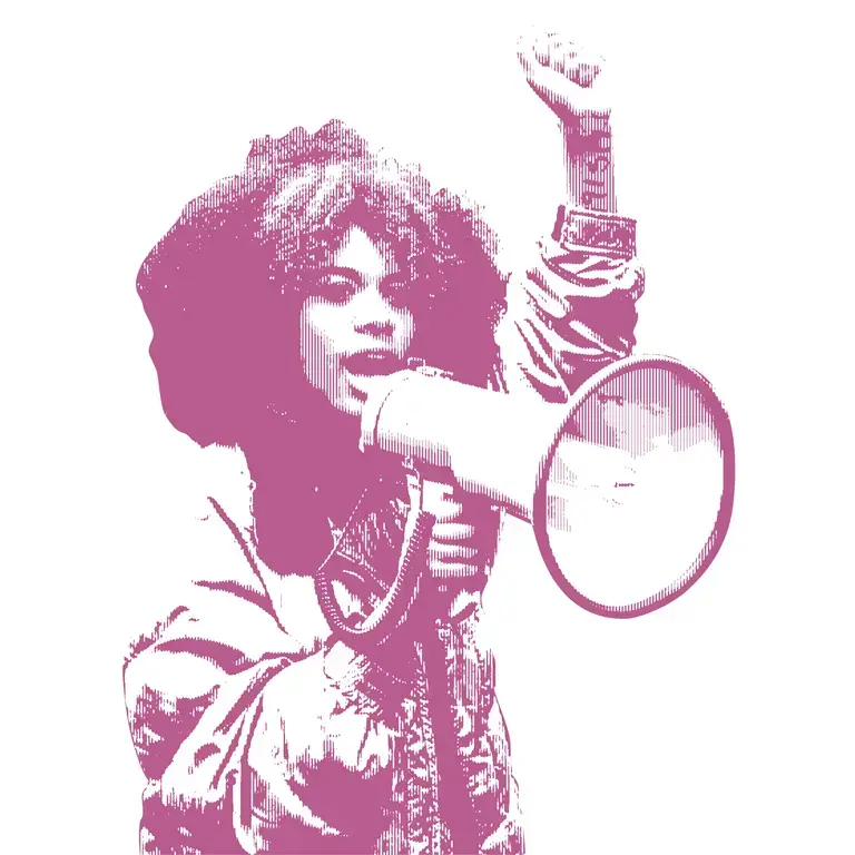 a pink halftone illustration of a woman speaking a microphone while raising a fist