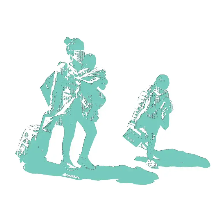 teal halftone illustration of a family carrying luggage and walking