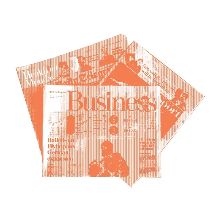 orange halftone illustration of three newspapers stacked on each other