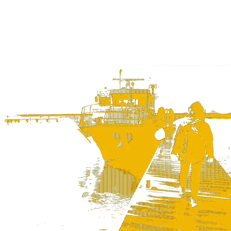 A woman walks along a dock with a boat nearby