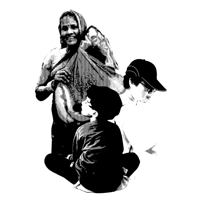 black and white halftone illustration of three figures, two women and one child
