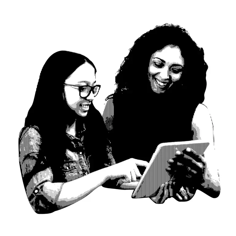 black and white halftone illustration of a student and teacher
