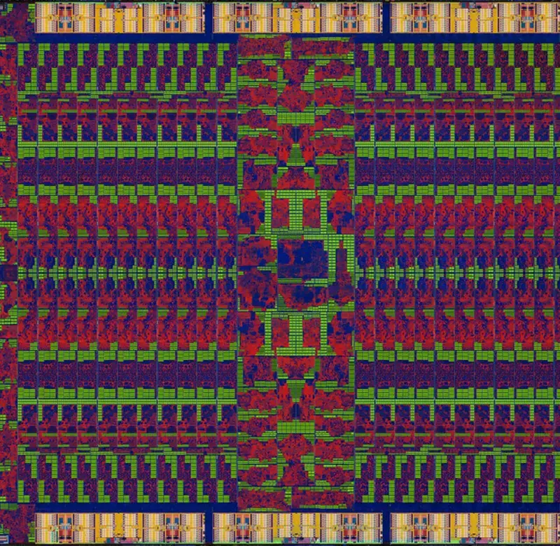 A colorful close-up of a GPU (Graphics Processing Unit)