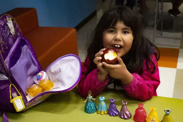 Isabella Paquin, 6, from Santa Ana Pueblo attends the Wellness Center where she likes to have carrots, apple pie and broccoli for snack. She also enjoys swimming and playing in the gym. Image by Viridiana Vidales Coyt. United States, 2017.