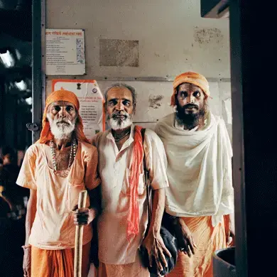 Hindu devotees of Lord Shiva at the Jammu Tawi train station. Image by Sara Hylton. Kashmir, 2017.<br />