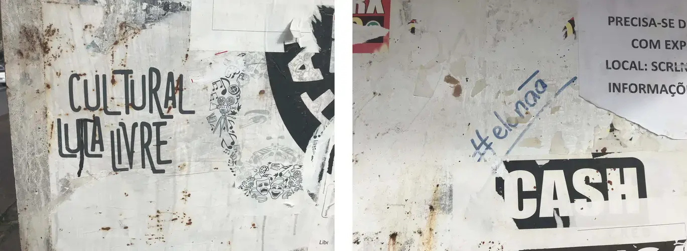 Graffiti seen on the walls of bus stops in Brasília as a form of protest against the election of President Jair Bolsonaro and the imprisonment of former President Lula. Image by Rafael Lima. Brazil, 2019.