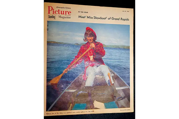 A magazine story depicts Becky Rom canoeing in 1965. Image by Jack Brook. United States, 2020.<br />