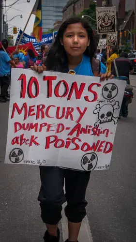 Paris Meekis poses with sign which reads, ' 10 tons mercury dumped - Anishinabek poisoned.' Image by Shelby Gilson. Canada, 2019.