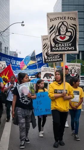 A group of Grassy Narrows girls, including Jenae Turtle (second from right), gather together as they march. Canada, 2019. Image by Shelby Gilson.
