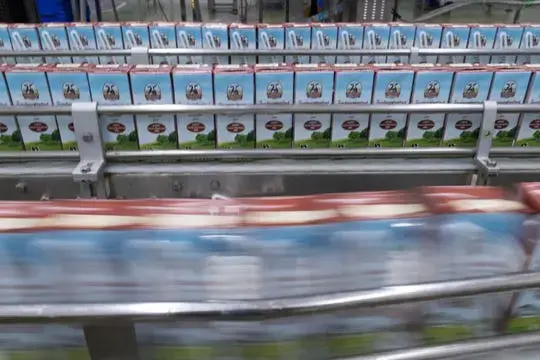 Fresh milk that is shelf-stable for up to nine months is packaged at the Pakchong Dairy Cooperative in Pak Chong, Thailand. Image by Mark Hoffman. Thailand, 2019.