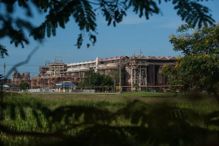 Overgrown bush grows up alongside the now defunct Paranam Operations for Suralco, a subsidiary of Alcoa. Image by Stephanie Strasburg. Suriname, 2017. 