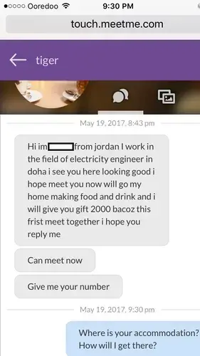 Screenshot from conversation on MeetMe. Screenshot Ana P. Santos. Qatar, 2017.
