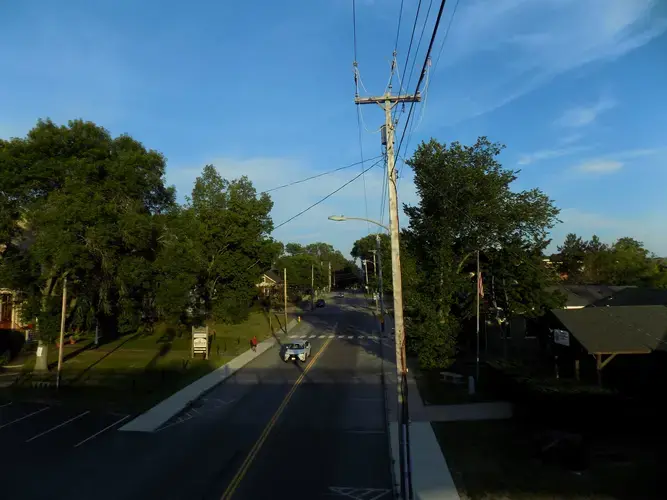 View of central Yarmouth from a bridge over looking Main Street. Image by Francesca Bentley. United States, 2020.