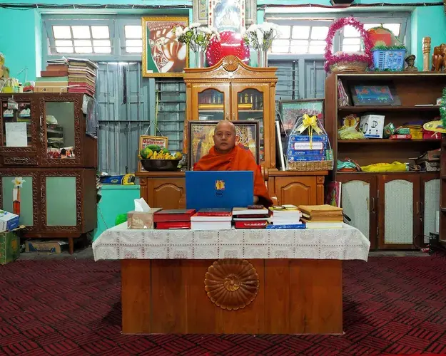 Ashin Wirathu uses Facebook, with help from other extremist monks and laypeople, to spread vitriolic anti-Muslim messages. Image by Doug Bock Clark. Myanmar, 2017.