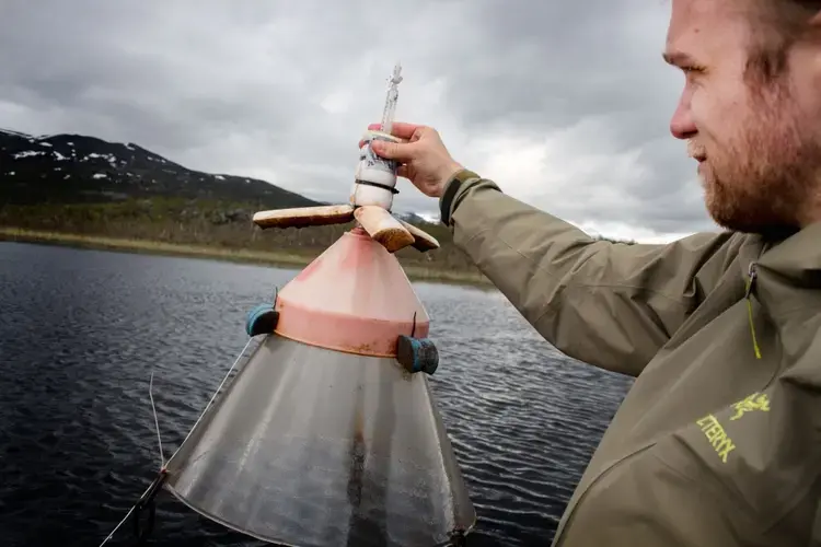 Joachim Jansen, a PhD candidate at Stockholm University, checks a methane trap. Image by Amy Martin. Sweden, 2018.