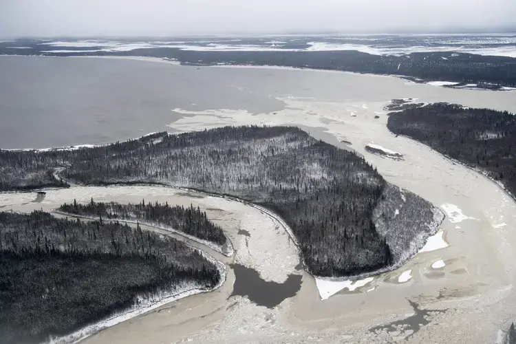 The waters from the Churchill River converge with the water from Lake Melville near Happy Valley-Goose Bay, Labrador on November 9, 2019. Image by Michael G. Seamans. Canada, 2019.