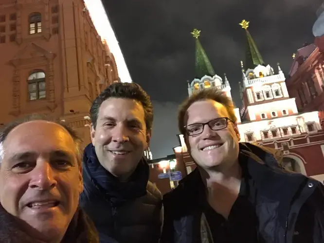 A selfie shot of Jason Kane (right), William Brangham (middle) and Jon Cohen (left) in Red Square. Image by Jon Cohen. Russia, 2017.