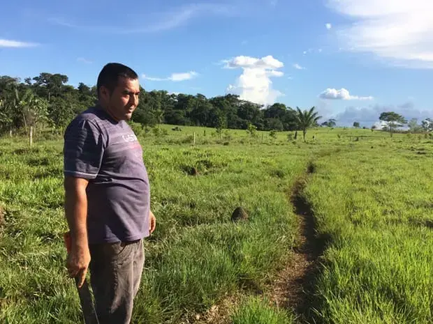 Vergara in his pasture. The termite mounds are evidence of poor soil quality to grow the grasses for cattle. Image by Lisa Palmer. Colombia, 2017.