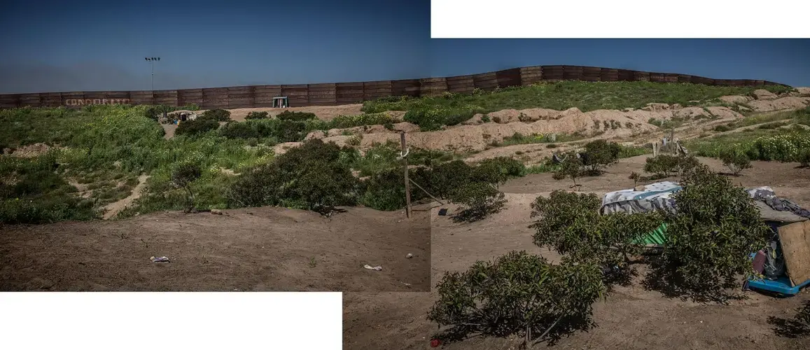 The makeshift structures along this isolated hilltop in Tijuana, Baja California, Mexico belong to one of deportees who has sought refuge here. Deportees occasionally earn money by collecting aluminum cans which they can sell for 220 pesos/kg (11 USD for 2.2 lbs), or collecting shopping carts for a local supermarket for 95 pesos (5 USD) a day. Image by James Whitlow Delano. Mexico, 2017.