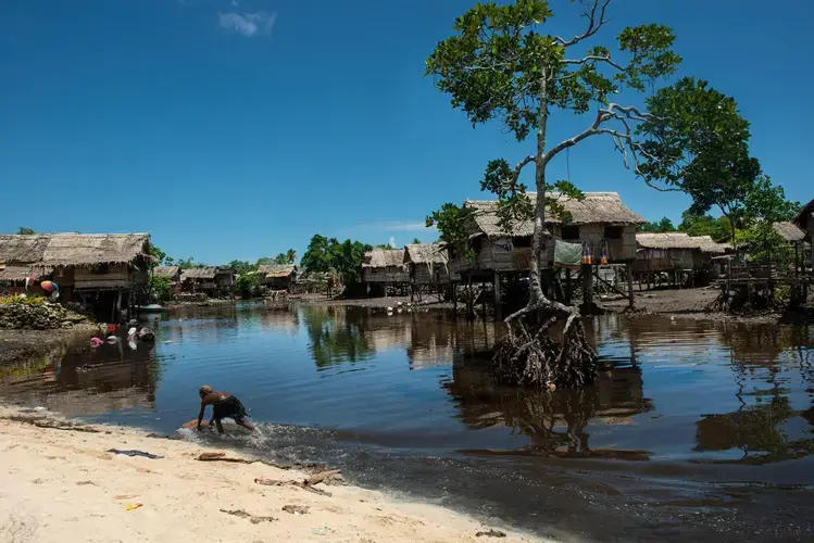 Lilisiana is a village struggling with sea-rise near the municipal capital of Auki, on the island of Maliata. Residents are having to choose if they want to relocate further inland, but the decision to do so is a painful one. Image by Monique Jaques. Solomon Islands, 2020.