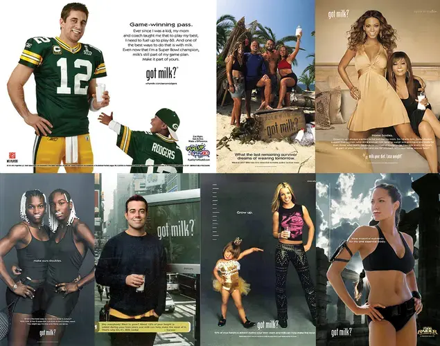 Celebrity ads promoting the dairy industry's 'Got Milk?' campaign. Image courtesy of Milwaukee Journal Sentinel file photos. United States, 2019.