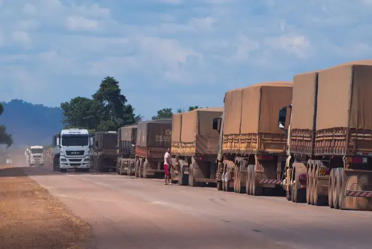 Lines of trucks on highway BR-163 on their way to the Tapajós River, where the soy is transferred via barges for export. Image by Heriberto Araújo. Brazil, 2019.