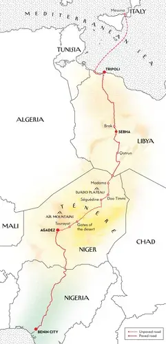 From Agadez, migrants reach the Ténéré desert. “It’s like the sea,” a Nigerian girl said. “It don’t have a start, it don’t have an end.” Map courtesy of La Tigre.