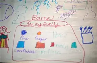 A child whose mother migrated to New York City draws the barrels she receives and some of the things that come inside. Image by Sabriya Simon. Jamaica.