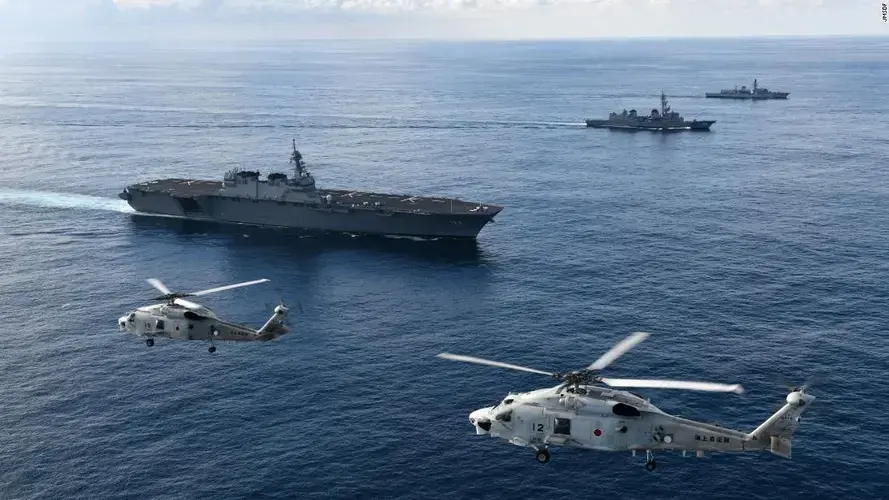 The Japanese helicopter destroyer JS Kaga participated with a British frigate in exercises in the Indian Ocean in September. Image by Emiko Jozuka. Japan, 2018.