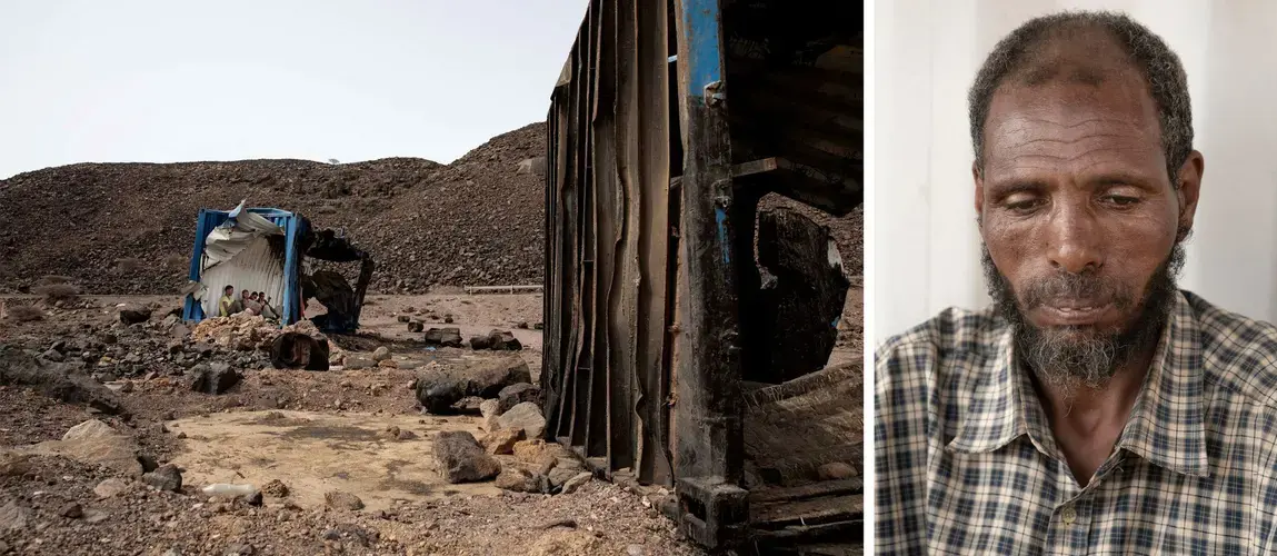 Mohammed Eissa on the side of a highway, near Lac Assal, Djibouti. Image by AP Photo / Nariman El-Mofty. Djibouti, 2020.