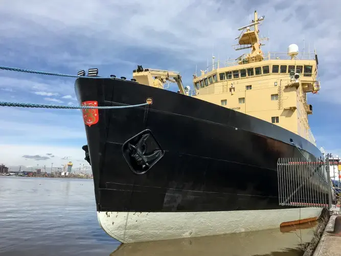 The icebreaker Polaris in port in Helsinki. “I'm often asked, ‘Well, the ice is melting, who needs icebreakers?’” says Tero Vauraste, CEO of the state-owned company that owns the ship. But he says icebreakers are actually a growth business as the polar ice becomes less predictable. Image by Amy Martin. Finland, 2018.