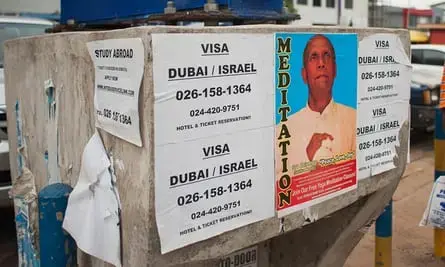 A flyposter advertising visa services in Accra. Image by Yepoka Yeebo. Ghana, 2017.